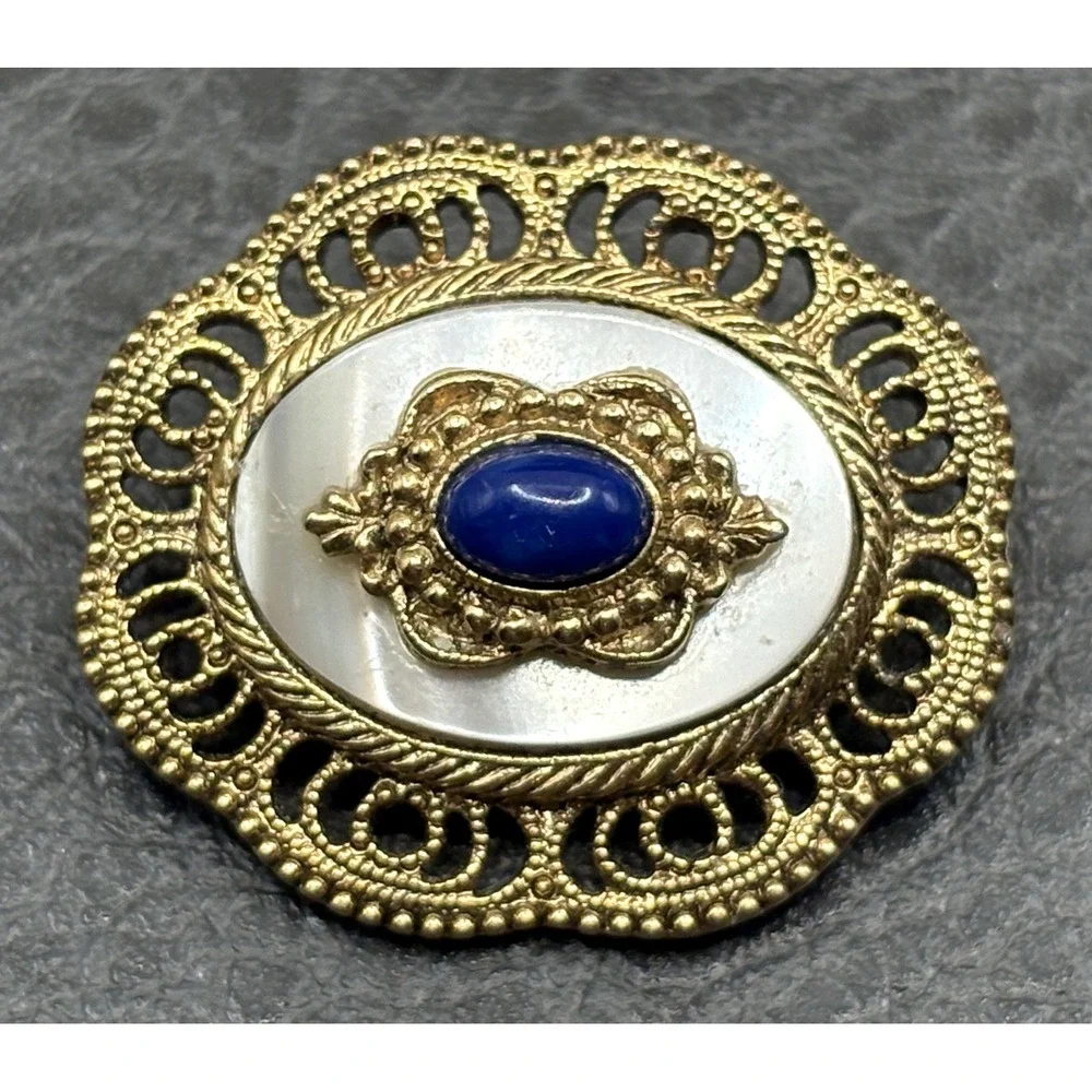 VTG 1928 Brand Victorian Revival Filigree Small Brooch Blue Cabochon Gold Tone